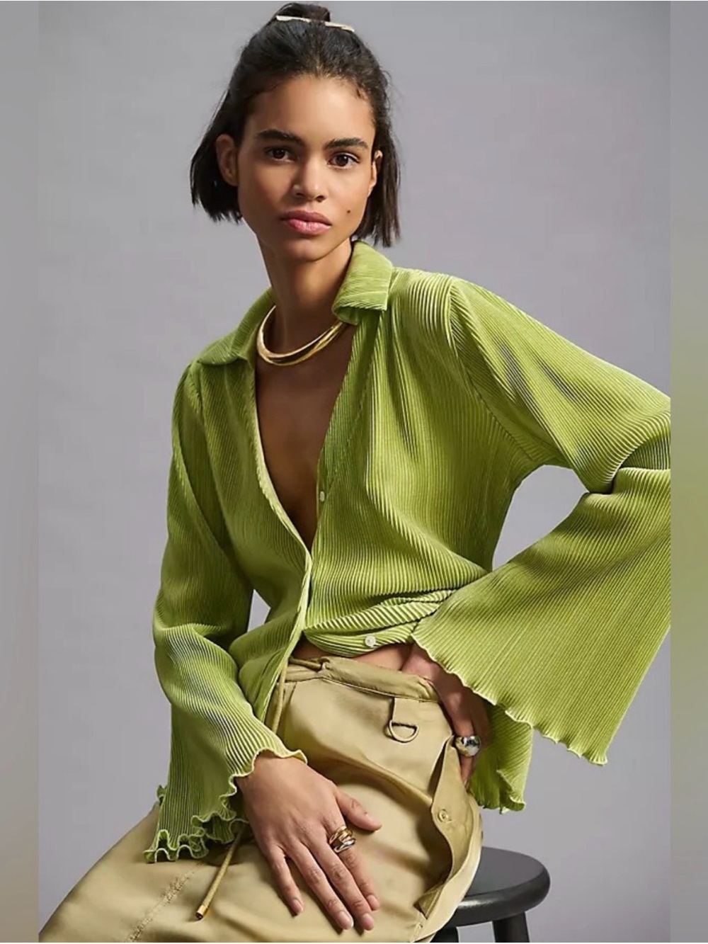 dolan Ribbed Button-Front Blouse with Lettuce Hem